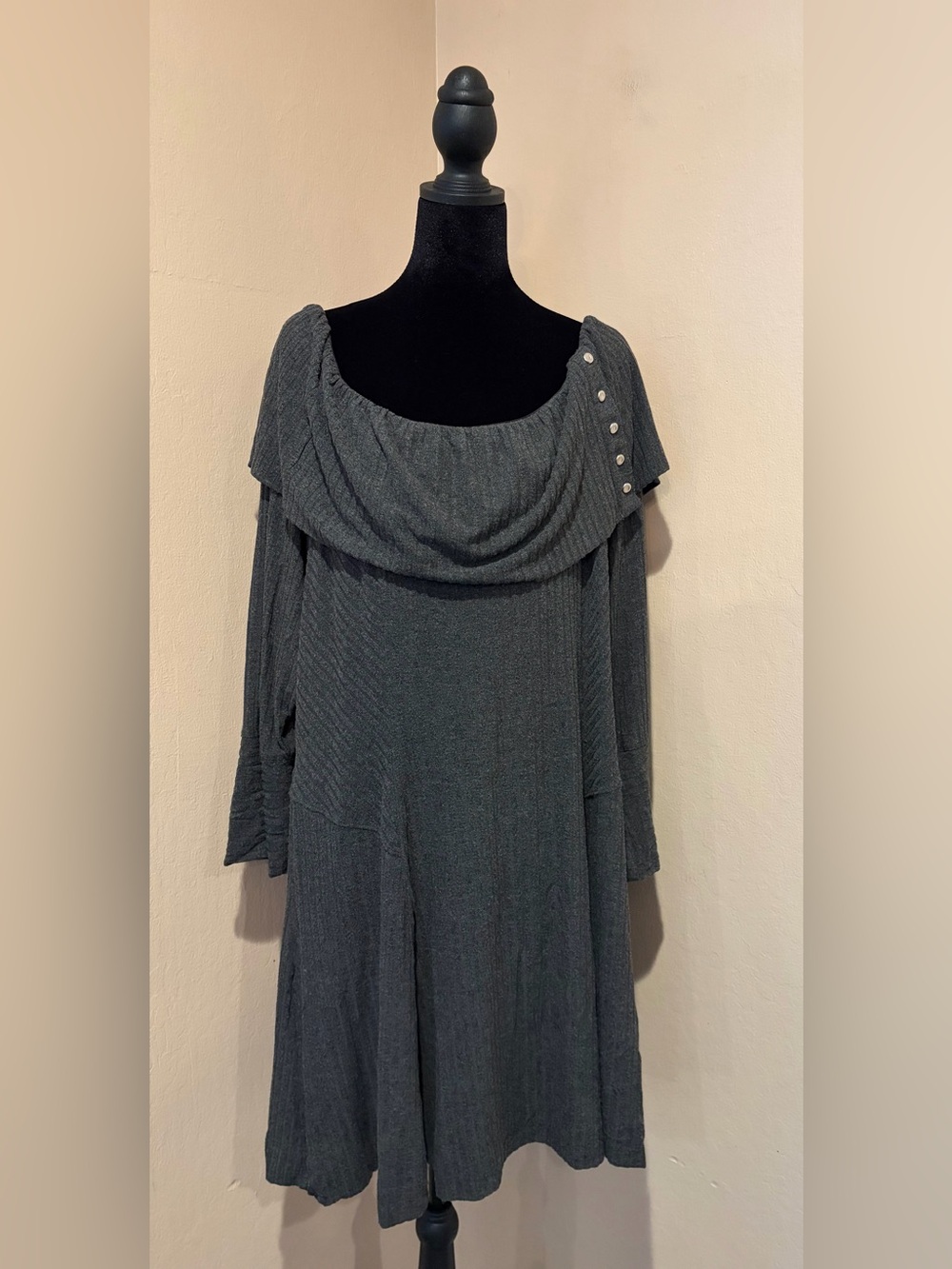 Anthropologie Charcoal Ribbed Off-Shoulder Sweater Dress, Shawl Neckline, 2X